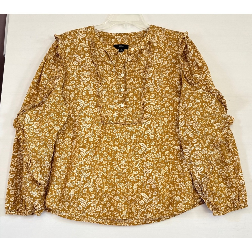 J.Crew Mustard Yellow Floral Ruffle‎ Bib Corduroy Blouse Top Small